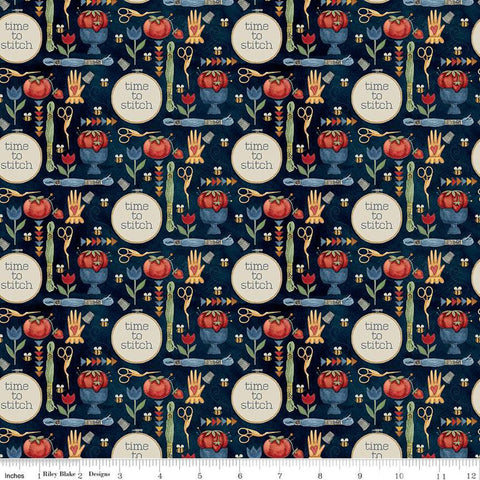 19" End of Bolt - Stitchy Birds Tools C12603 Midnight by Riley Blake - Sewing Embroidery Folk Art Flowers - Quilting Cotton Fabric