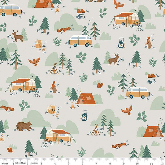 9" End of Bolt - FLANNEL Camp Woodland Main F12570 Off White - Riley Blake - Camping Trailers Tents Vans Trees Bears - FLANNEL Cotton Fabric