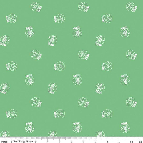 Fat Quarter End of Bolt - SALE FLANNEL Pixie Noel 2 Snow Globes F12582 Green - Riley Blake - Christmas Trees Houses - FLANNEL Cotton Fabric