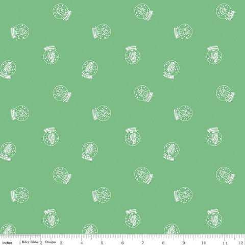 Fat Quarter End of Bolt - SALE FLANNEL Pixie Noel 2 Snow Globes F12582 Green - Riley Blake - Christmas Trees Houses - FLANNEL Cotton Fabric
