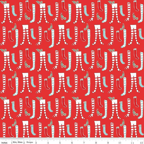 22" End of Bolt - CLEARANCE FLANNEL Pixie Noel 2 Stockings F12581 Red - Riley Blake Designs - Christmas Stocking - FLANNEL Cotton Fabric