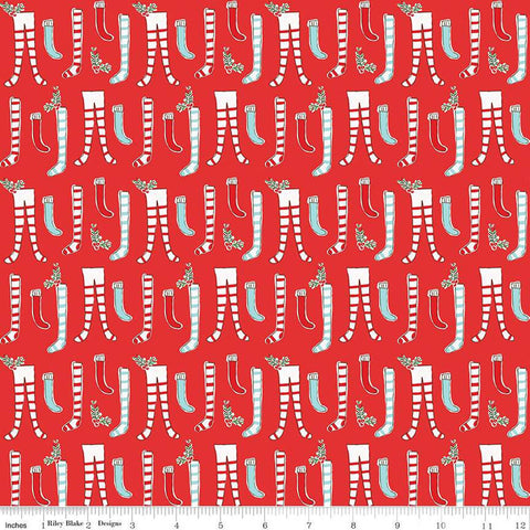 22" End of Bolt - CLEARANCE FLANNEL Pixie Noel 2 Stockings F12581 Red - Riley Blake Designs - Christmas Stocking - FLANNEL Cotton Fabric