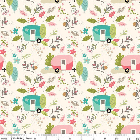 FLANNEL Glamp Camp Main F12578 Cream - Riley Blake Designs - Camping Trailers Flowers Leaves  - FLANNEL Cotton Fabric