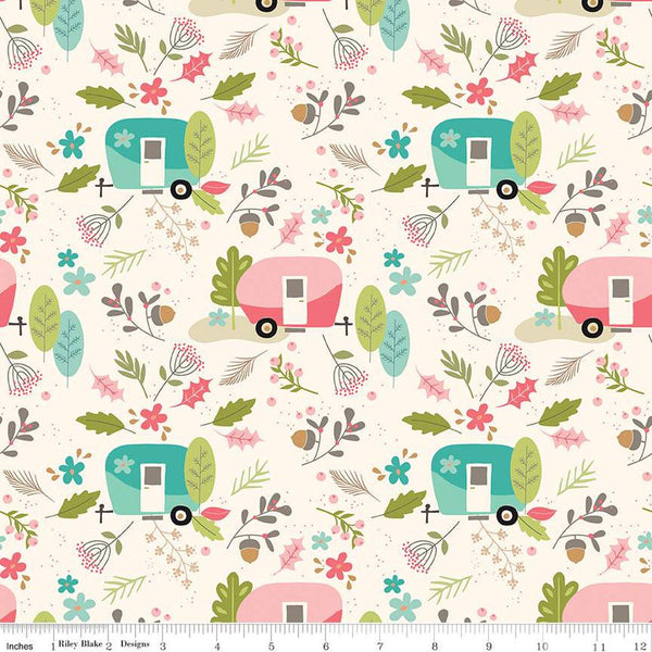 SALE FLANNEL Glamp Camp Main F12578 Cream - Riley Blake Designs - Camping Trailers Flowers Leaves  - FLANNEL Cotton Fabric