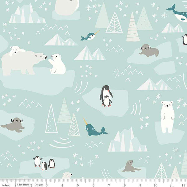 14" End of Bolt - FLANNEL Nice Ice Baby Main F12573 Mint - Riley Blake - Polar Bears Penguins Narwhals Seals - FLANNEL Cotton Fabric