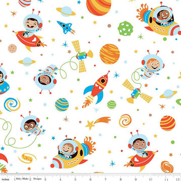 Fat Quarter End of Bolt-FLANNEL Blast Off Main F12590 White-Riley Blake-Children's Astronauts Spaceships Planets Stars-FLANNEL Cotton Fabric