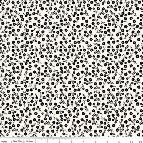 27" End of Bolt Piece - Fleur Noire Fancy Small Floral C12524 Cream - Riley Blake Designs - Black Cream Flowers - Quilting Cotton Fabric