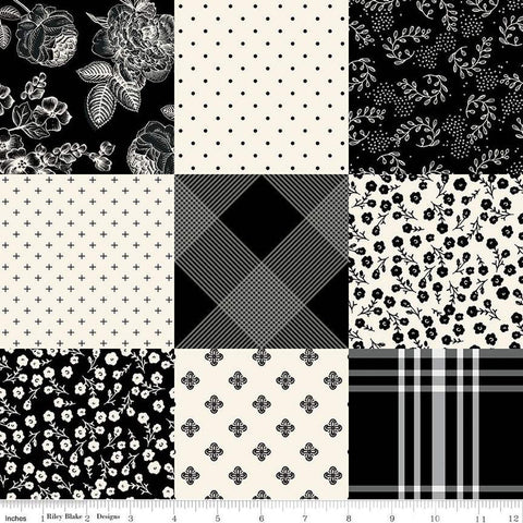 10" End of Bolt - Fleur Noire Cheater Print CH12529 Cream - Riley Blake - Black Cream Printed 4" Squares Patchwork - Quilting Cotton Fabric