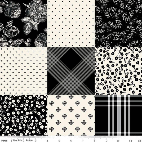 10" End of Bolt - SALE Fleur Noire Cheater Print CH12529 Cream - Riley Blake - Black Printed 4" Squares Patchwork - Quilting Cotton Fabric