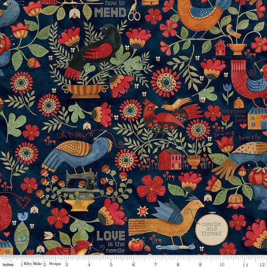 14" End of Bolt - Stitchy Birds Main C12600 Midnight by Riley Blake - Sewing Flowers Text Houses Beehives Folk Art  - Quilting Cotton
