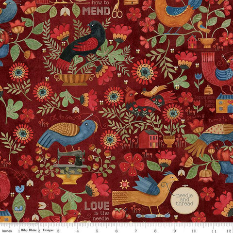 11" End of Bolt - Stitchy Birds Main C12600 Red by Riley Blake - Sewing Flowers Text Houses Beehives Folk Art  - Quilting Cotton Fabric