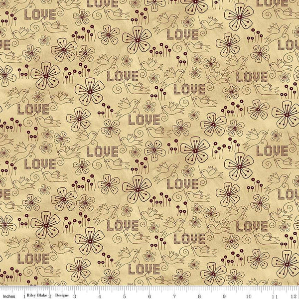 Fat Quarter End of Bolt - SALE Stitchy Birds Love C12604 Parchment - Riley Blake - Folk Art Flowers Cross Text - Quilting Cotton Fabric