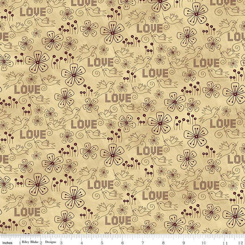 Fat Quarter End of Bolt - SALE Stitchy Birds Love C12604 Parchment - Riley Blake - Folk Art Flowers Cross Text - Quilting Cotton Fabric