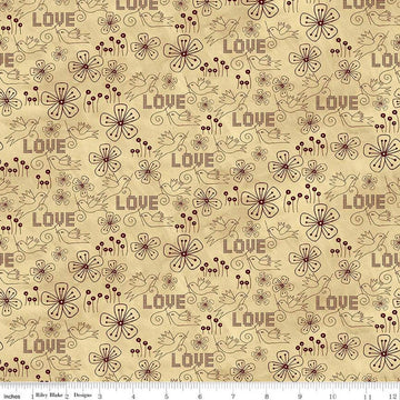 26" End of Bolt - DEAL Stitchy Birds Love C12604 Parchment - Riley Blake - Folk Art Flowers Cross Text Tone-on-Tone - Quilting Cotton Fabric