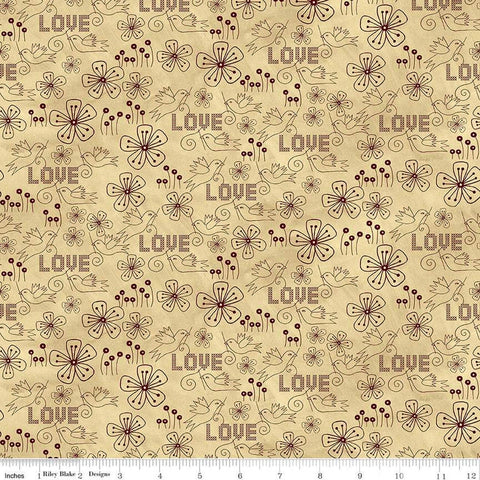 25" End of Bolt - SALE Stitchy Birds Love C12604 Parchment - Riley Blake - Folk Art Flowers Cross Text Tone-on-Tone - Quilting Cotton Fabric