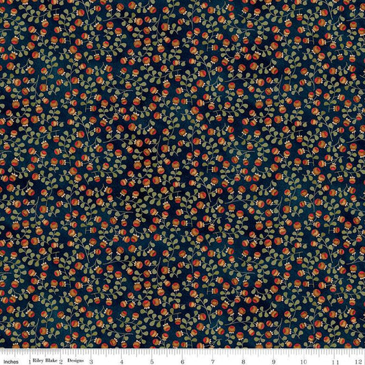 Fat Quarter End of Bolt - Stitchy Birds Vines C12605 Midnight - Riley Blake Designs - Folk Art Flowers Floral Leaves Quilting Cotton Fabric