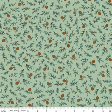 Fat Quarter End of Bolt - SALE FLANNEL Camp Woodland Pinecones F12572 Pistachio - Riley Blake - Pines Branches Cones - FLANNEL Cotton Fabric