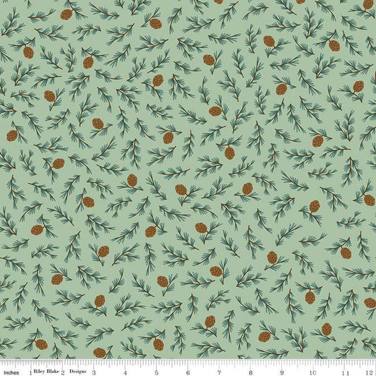 Fat Quarter End of Bolt - SALE FLANNEL Camp Woodland Pinecones F12572 Pistachio - Riley Blake - Pines Branches Cones - FLANNEL Cotton Fabric