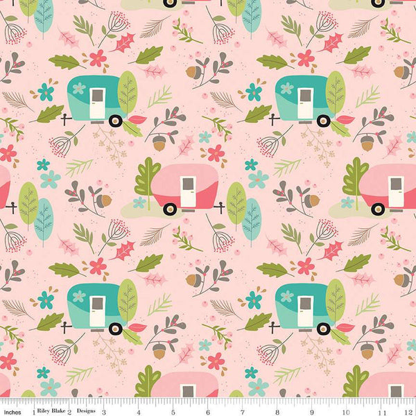 Fat Quarter End of Bolt - SALE FLANNEL Glamp Camp Main F12578 Pink - Riley Blake - Camping Trailers Flowers Leaves  - FLANNEL Cotton Fabric