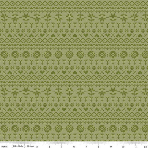 17" End of Bolt - CLEARANCE Fable PRINTED Knit C12715 Olive - Riley Blake Designs - Geometric Cross Stitch Knit Design - Quilting Cotton