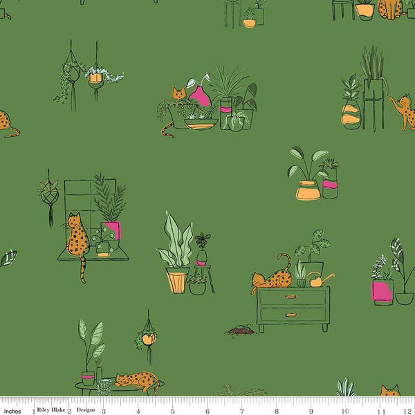 Leafy Keen Main SC12640 Clover SPARKLE - Riley Blake Designs - Cats Plants Antique Gold SPARKLE - Quilting Cotton Fabric