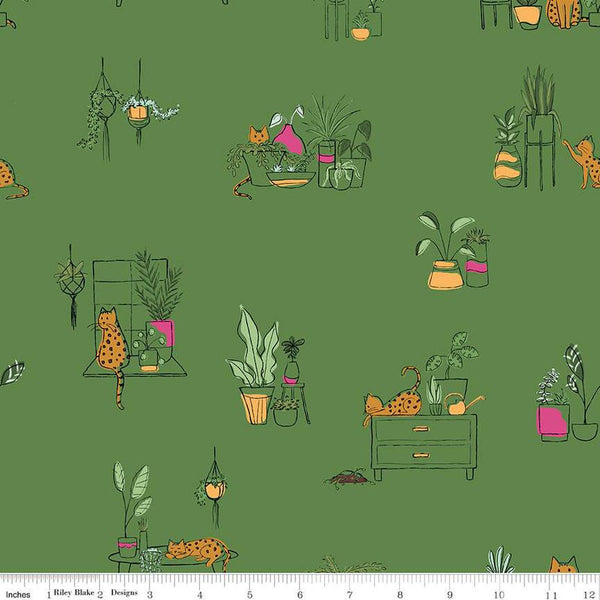 Leafy Keen Main SC12640 Clover SPARKLE - Riley Blake Designs - Cats Plants Antique Gold SPARKLE - Quilting Cotton Fabric