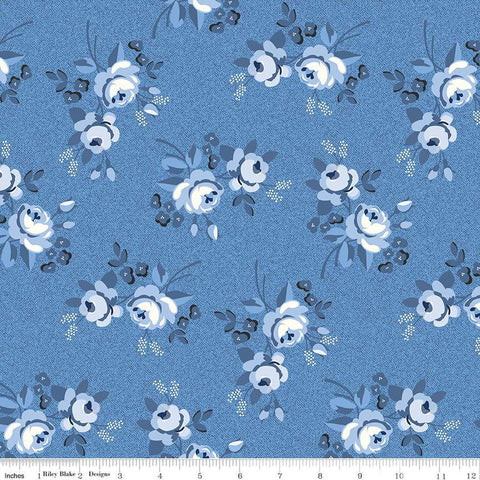 Fat Quarter End of Bolt - Blue Jean Main C12720 Blue by Riley Blake Designs - Floral Flowers - Quilting Cotton Fabric