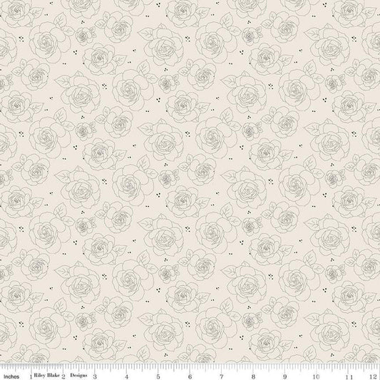 Fat Quarter End of Bolt - DEAL Forgotten Memories Floral C12754 Off White - Riley Blake Designs - Line-Drawn Roses - Quilting Cotton Fabric