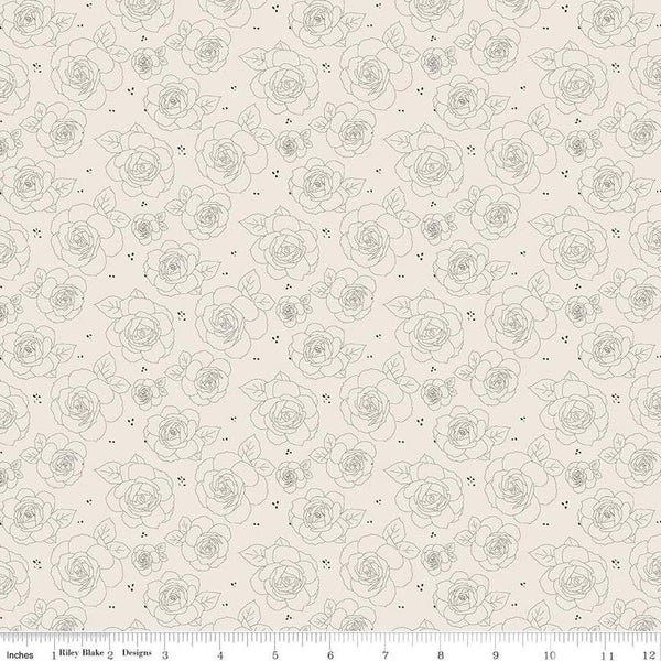 14" End of Bolt - SALE Forgotten Memories Floral C12754 Off White - Riley Blake Designs - Line-Drawn Roses Flowers - Quilting Cotton Fabric