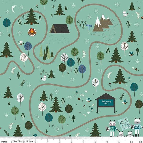 28" End of Bolt Piece - SALE Forest Friends Main C12690 Frost - Riley Blake Designs - Foxes Tents Trees Outdoors - Quilting Cotton Fabric