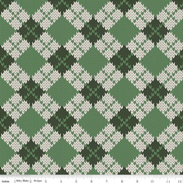 Fat Quarter End of Bolt - SALE Forest Friends Argyle C12692 Green - Riley Blake - Geometric PRINTED Knitted Sweater - Quilting Cotton Fabric