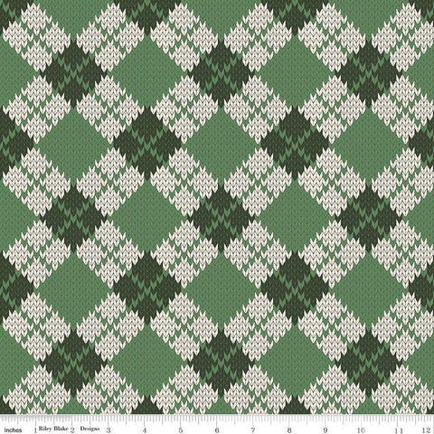 Fat Quarter End of Bolt - SALE Forest Friends Argyle C12692 Green - Riley Blake - Geometric PRINTED Knitted Sweater - Quilting Cotton Fabric