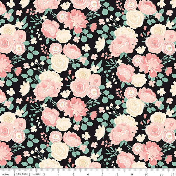 11" End of Bolt - SALE At First Sight Main C12680 Black - Riley Blake Designs - Floral Flowers - Quilting Cotton Fabric