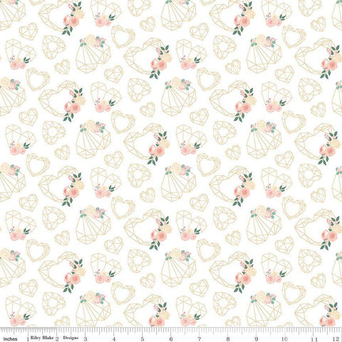 Fat Quarter End of Bolt - At First Sight Hearts SC12681 Cream SPARKLE - Riley Blake - Flowers Geometric Hearts Gold - Quilting Cotton Fabric