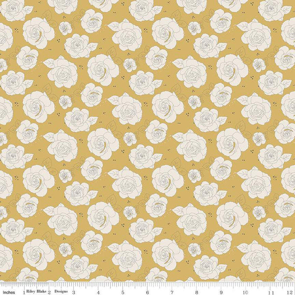 Fat Quarter End of Bolt - CLEARANCE Forgotten Memories Floral C12754 Honey - Riley Blake - Line-Drawn Roses Flowers - Quilting Cotton Fabric