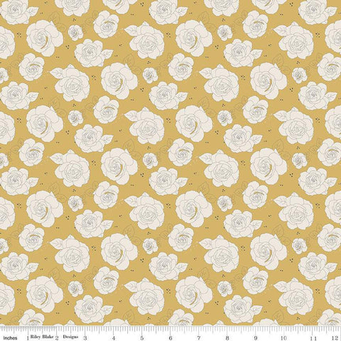 Fat Quarter End of Bolt - CLEARANCE Forgotten Memories Floral C12754 Honey - Riley Blake - Line-Drawn Roses Flowers - Quilting Cotton Fabric