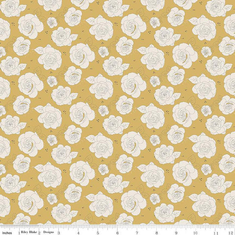 Fat Quarter End of Bolt - CLEARANCE Forgotten Memories Floral C12754 Honey - Riley Blake - Line-Drawn Roses Flowers - Quilting Cotton Fabric