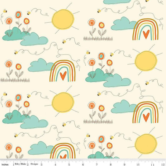 31" End of Bolt - SALE Bumble and Bear Main C12670 Cream - Riley Blake Designs - Flowers Suns Rainbows Bees - Quilting Cotton Fabric