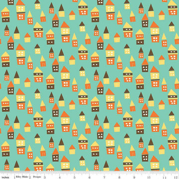 32" End of Bolt - CLEARANCE Bumble & Bear Houses C12673 Sea Glass - Riley Blake Designs - House Homes - Quilting Cotton Fabric
