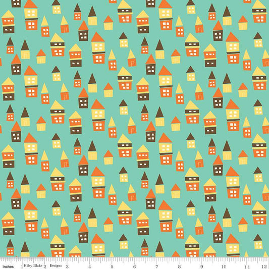 32" End of Bolt - CLEARANCE Bumble & Bear Houses C12673 Sea Glass - Riley Blake Designs - House Homes - Quilting Cotton Fabric