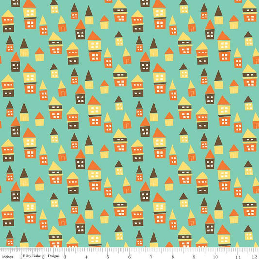 CLEARANCE 32" End of Bolt - Bumble & Bear Houses C12673 Sea Glass - Riley Blake Designs - House Homes - Quilting Cotton Fabric