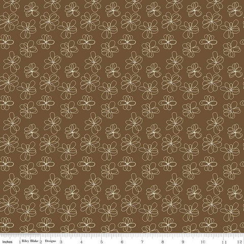 28" End of Bolt - Bumble and Bear Stitched Flowers C12675 Brown - Riley Blake Designs - Floral Dashed-Line Flowers - Quilting Cotton Fabric