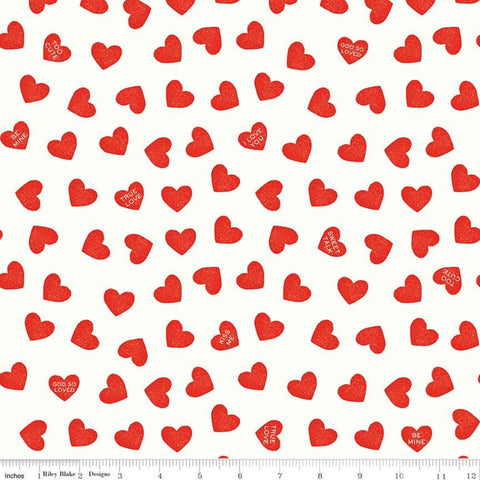 Fat Quarter End of Bolt - Be Mine Valentine Candy Hearts C12787 White - Riley Blake - Valentine's Day Text Red White  Quilting Cotton Fabric