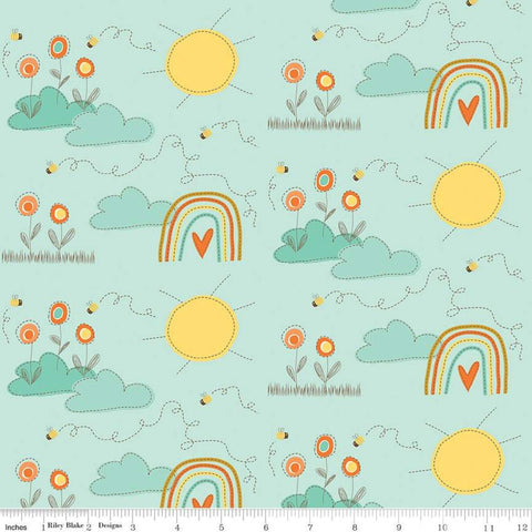 Fat Quarter End of Bolt - Bumble and Bear Main C12670 Mint - Riley Blake Designs - Flowers Suns Rainbows Bees - Quilting Cotton Fabric