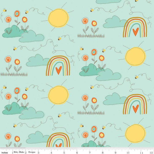 8" End of Bolt - SALE Bumble and Bear Main C12670 Mint - Riley Blake Designs - Flowers Suns Rainbows Bees - Quilting Cotton Fabric