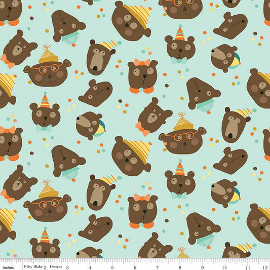 SALE 26" End of Bolt - Bumble & Bear Heads C12671 Mint - Riley Blake Designs - Children's Bears - Quilting Cotton Fabric