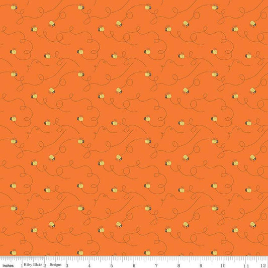 Fat Quarter End of Bolt - Bumble & Bear Bees C12672 Orange - Riley Blake Designs - Bumble Bees Dashed Lines - Quilting Cotton Fabric