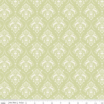 Fat Quarter End of Bolt - CLEARANCE Springtime Damask C12811 Fern by Riley Blake - Flowers Rabbits Eggs Baskets - Quilting Cotton Fabric