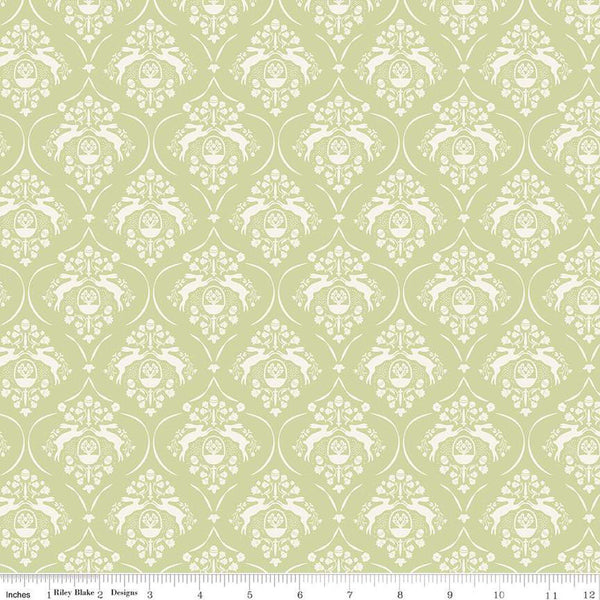 31" End of Bolt - SALE Springtime Damask C12811 Fern by Riley Blake Designs - Flowers Rabbits Eggs Baskets Easter - Quilting Cotton Fabric