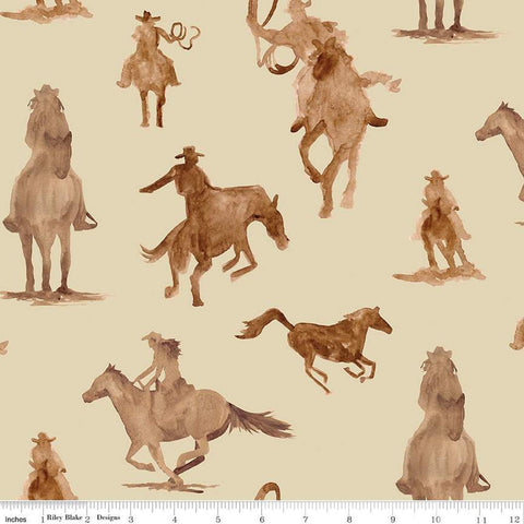 32" end of bolt - Ride the Range Main C12740 Cream - Riley Blake Designs - Horses Riders Western Cowboys - Quilting Cotton Fabric